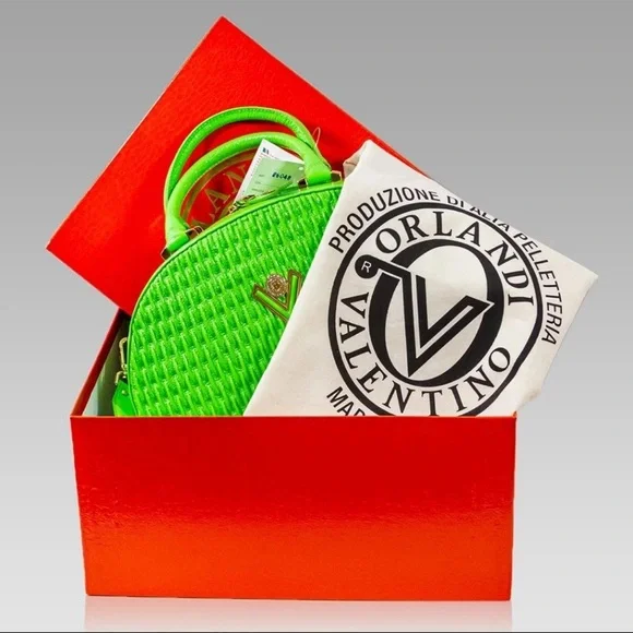 Valentino Orlandi Designer Lime Green Women's Box Hat Leather Tote Purse Handbag - Picture 8 of 11